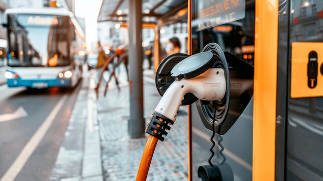 Electric bus charging at a city station with another bus in the background, highlighting urban public transportation and sustainability.