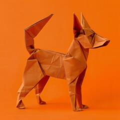 A simple orange origami dog on an orange background, created with paper folded in various shapes to form the animal's body and tail