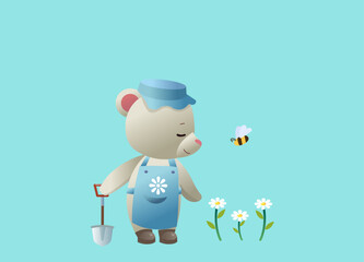 Illustration of a Bear Gardener with Bees and Flowers on a blue Background - Cute Nature Scene for Kids. A White bear in a blue apron