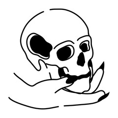 A doodle icon of holding a magic skull in hand 