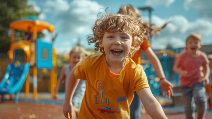 A group of children playing on a playground, one child is in the foreground and laughing.