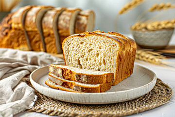 Freshly baked bread on a plate with wheat in the background
