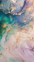 Fototapeta premium Enchanted Forest with Iridescent Marble Textures: Pastel Shades and Gold Details in a Dreamy, Surreal Atmosphere
