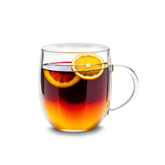 Mulled wine in a contemporary transparent glass mug with steam and citrus slices front view