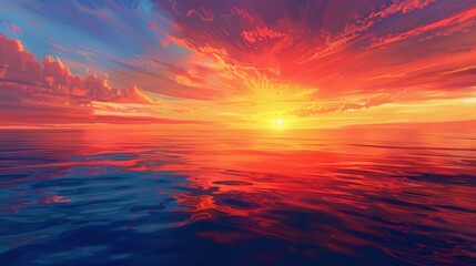 Stunning ocean sunset, vibrant orange and red sky reflection over calm water, tranquil evening scene, serene nature landscape, sunset concept