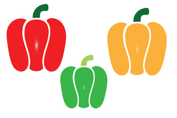 An illustration of capsicums in red, green, and yellow on a white background.