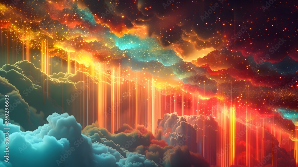 Poster vibrant abstract depiction of cloud computing infrastructure and flowing data