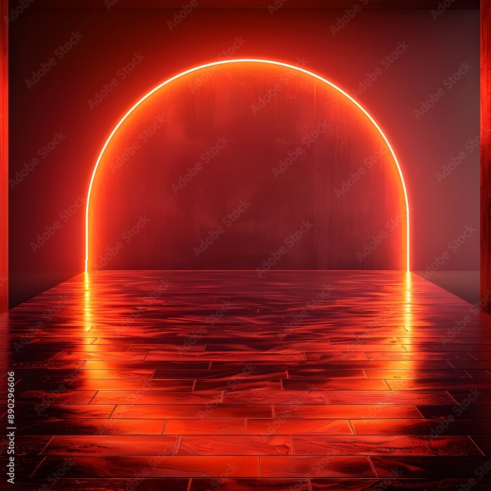 Poster vibrant neon orange backdrop for fitness and product display with tranquil water reflection