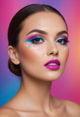 Fototapeta premium Beauty blogger with vibrant digital background demonstrating makeup techniques. 