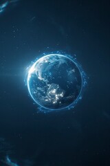 Obraz premium minimalistic logo saying , blue background, earth in background, Hyper-realistic photography, realistic light and shadow, luminous effects, 3D, ue5, Unreal Engine, generative ai