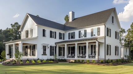 Fototapeta premium A modern farmhouse with a white exterior, black shutters, and a wrap-around porch.