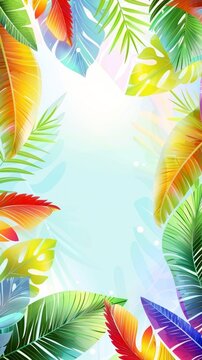 The colorful tropical leaves frame a bright background, perfect for summer designs, nature themes or invitations, tropical background concept
