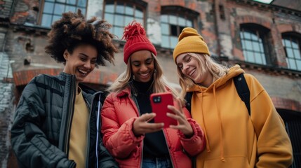 Fototapeta premium Three friends with smartphone