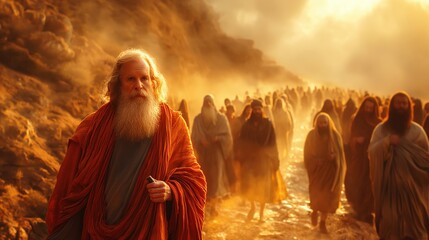 Moses guides Israelite Jews through impenetrable wilderness, lighting way for them reach promised land and providing them with divine protection.