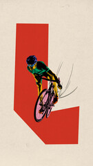 Naklejka premium Poster. Contemporary art collage. Rider, dressed in green, leans into turn on bike with pink wheels on abstract red road. Concept of sport, movement, speed, marathon, competition, action.