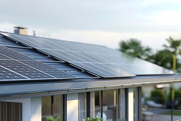 Fototapeta premium Modern photovoltaic solar panels installed on a residential rooftop provide renewable energy in a suburban neighborhood.