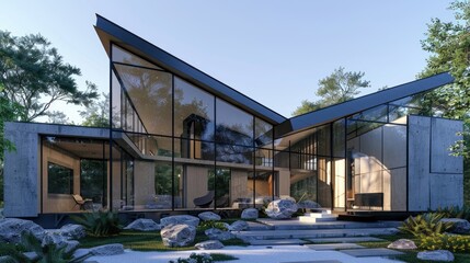 Obraz premium A modern, geometric house with sharp angles, large glass panels, and a minimalist rock garden.