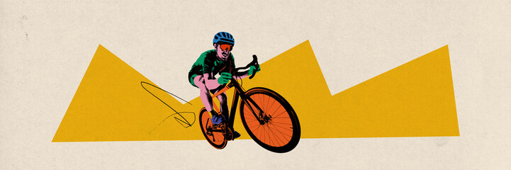 Obraz premium Banner. Contemporary art collage. Rider pedals bike with bold orange wheels, set against angular, yellow geometric shape that emphasizes motion and energy. Concept of sport, speed, competition, action
