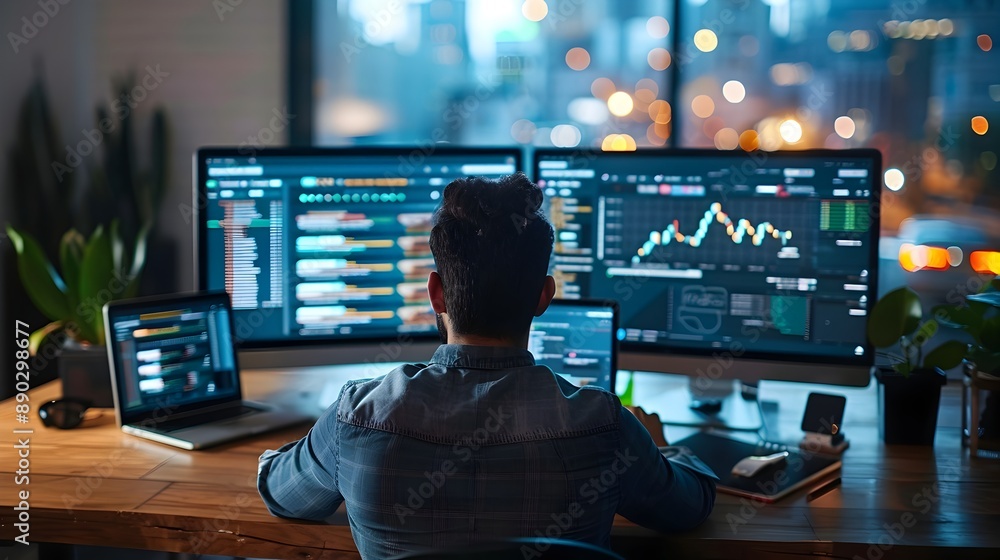 Poster Developer Analyzing E Commerce Website Performance on Multiple Devices in Modern Workspace