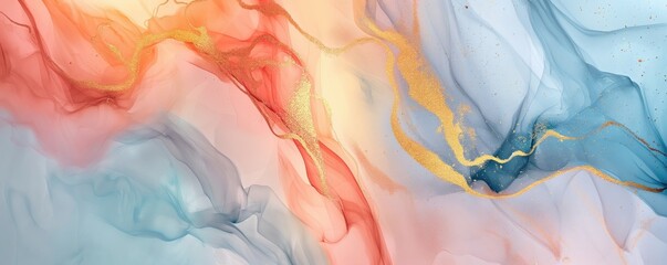 Dreamy Abstract Landscape with Iridescent Marble and Gold Textures: Pastel Hues and Fluid Ink Art, High Resolution