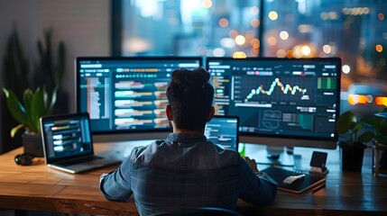 Developer Analyzing E Commerce Website Performance on Multiple Devices in Modern Workspace