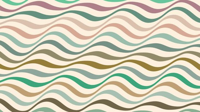 Gently waving colorful ribbons, abstract stripes, ocean, sea, river, lake background. Slow flowing movements, retro color scheme. Vector animation.