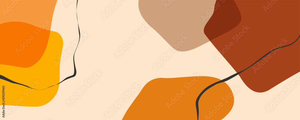 Poster autumn theme colors abstract background. various curved bright colored shapes and black bent lines f