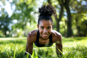 Smiling Fit Woman Doing Push-ups on Grass: Outdoor Workout in Park, Athletic Female in Sportswear, Strength and Fitness Training, Healthy Lifestyle