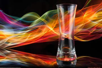 Neon glass with swirling colorful light trails set against a dark background capturing a dynamic and modern vibe