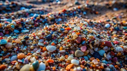Close-up of multi-colored pebbles on the beach. Selective focus.