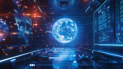 Immersive digital HUD presents business data with planet hologram on blue background, offering statistics and data analysis. 