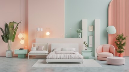 Fototapeta premium Interior design concept with sale of home decorations and furniture. Beds, sofas, armchairs, and advertising spaces surrounded by banner during promotions and discounts. Pastel background. 3D render. 