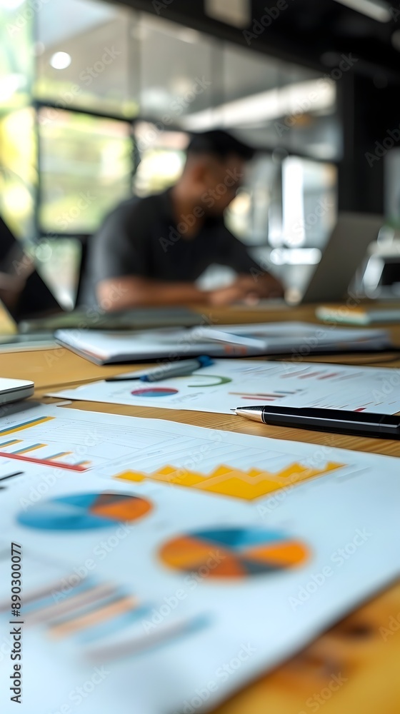 Poster corporate marketing team analyzing e commerce performance metrics with colorful charts and graphs