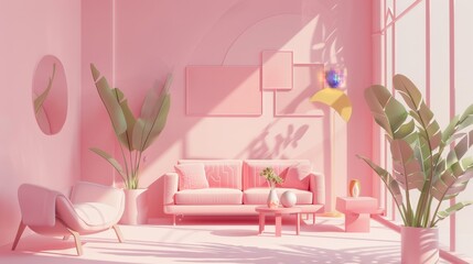 Interior design concept with sale of home decorations and furniture. Beds, sofas, armchairs, and advertising spaces surrounded by banner during promotions and discounts. Pastel background. 3D render. 