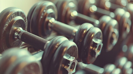 A close-up view of heavy free dumbbells fills the fitness gym's health club room, emphasizing their sturdy design and durability