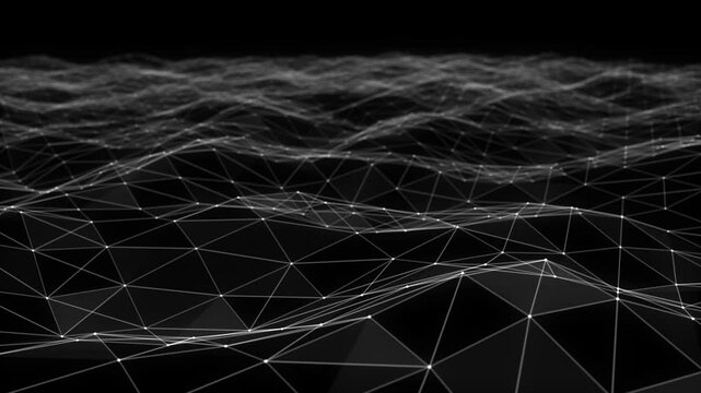 Abstract geometric wave background. Grid, mesh of dots and lines. Seamless loop animation. Flowing white digital field, on black background. Moving dots and lines network connection structure, 4k.