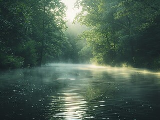 Fototapeta premium Tranquil river with mist rising from the water, surrounded by dense forest and early morning light