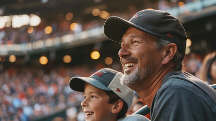 A man and his son, both wearing baseball caps, share a joyful moment at a bustling baseball stadium