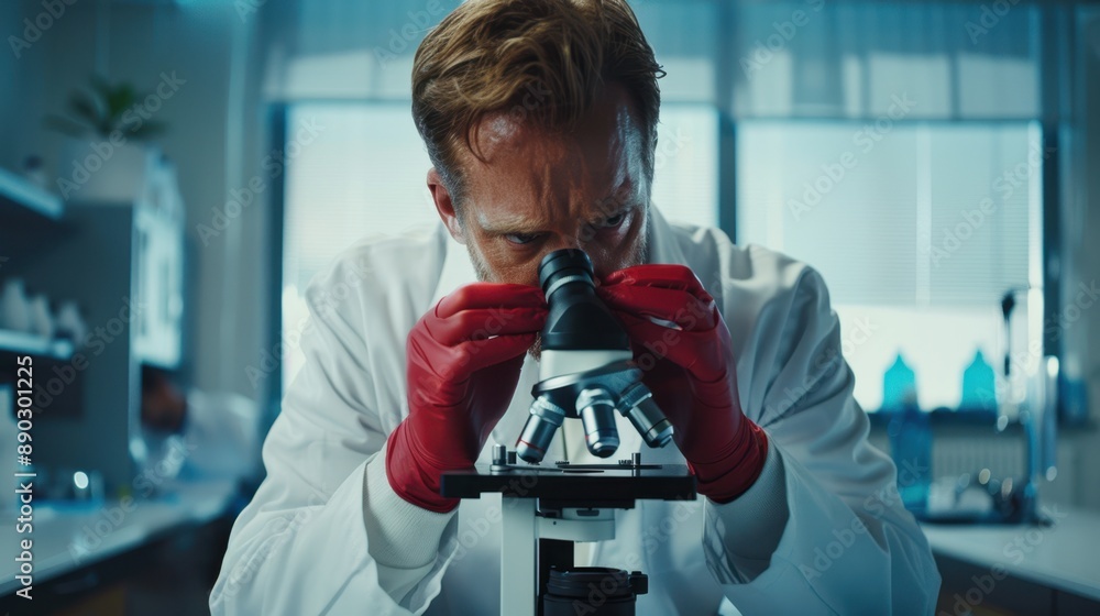 Poster the scientist using microscope