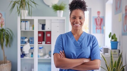 The nurse in blue scrubs