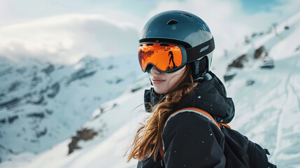 A snowboarder girl, clad in a helmet and vibrant orange goggles, stands against a backdrop of majestic snowy mountains