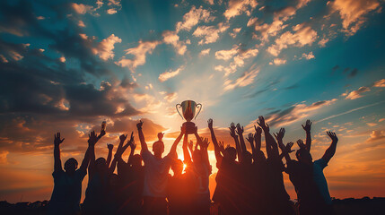 A victorious team celebrates under a stunning sunset, hoisting a trophy high as numerous silhouetted hands reach up in triumph