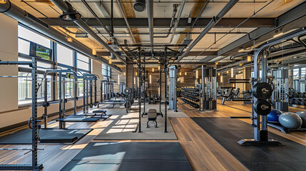 Obraz premium A wide-angle photograph captures the expansive interior of a modern gym, showcasing an array of weights, bars, and racks neatly arranged.