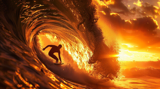 A striking silhouette captures a surfer expertly riding a massive wave barrel, the water curling dramatically around them