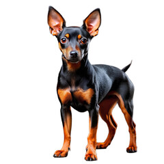 A small black dog of a dwarf pinscher on a white background