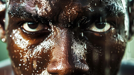 An extreme close-up photo reveals a professional athlete, his intense focus piercing through the lens