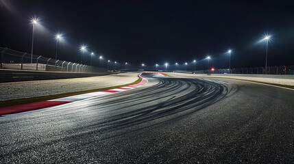 The race track glimmers under the night sky, illuminated by bright floodlights that highlight the curves and straightaways