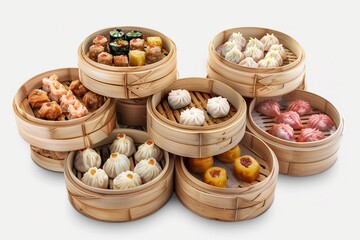 Transparent background. A variety of Chinese dim sum in bamboo baskets, steamed