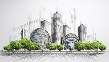 Architectural sketch of a futuristic eco-city in pencil.