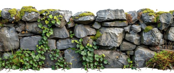A high-resolution image of an ancient stone wall partially covered with lush green moss and creeping ivy isolated in transparent background.